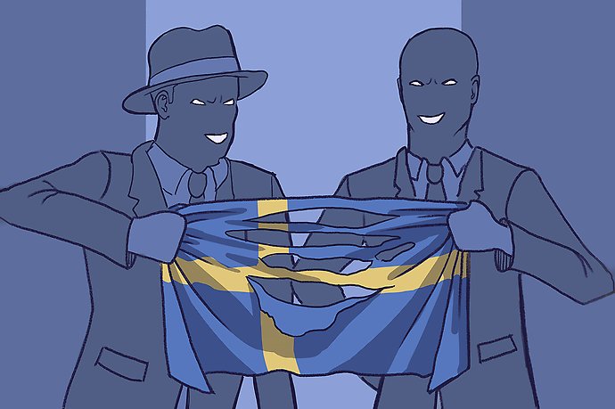 Bild på två män som drar i en flagga