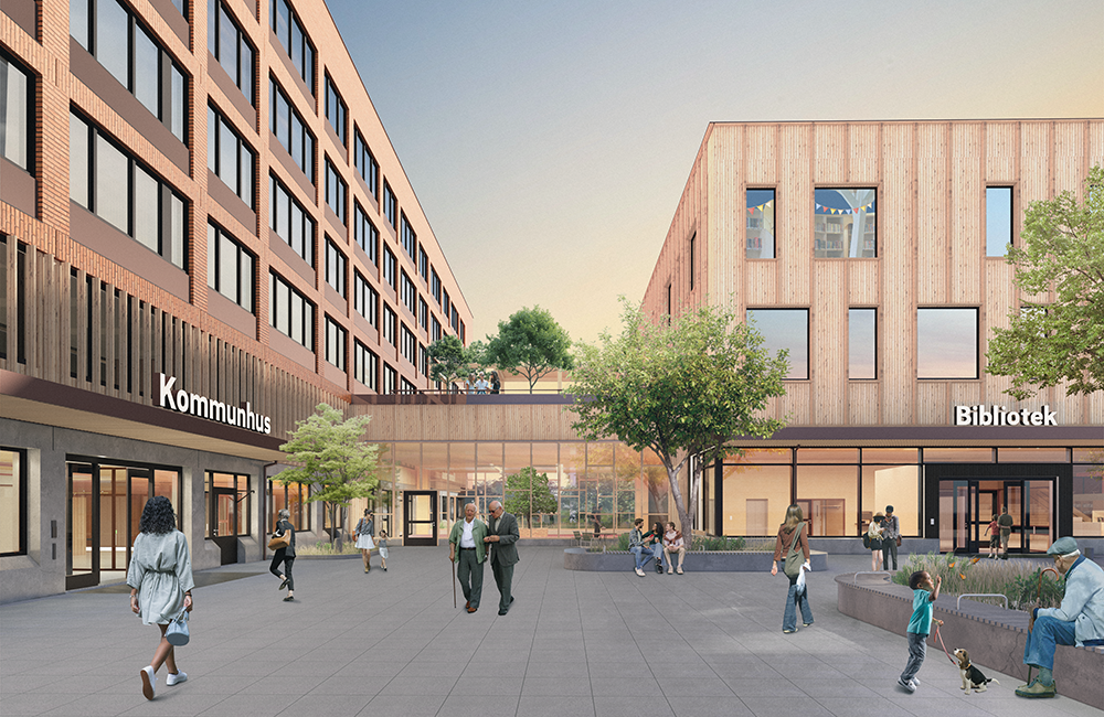 Illustration av Huddinges nya kommunhus och bibliotek.
